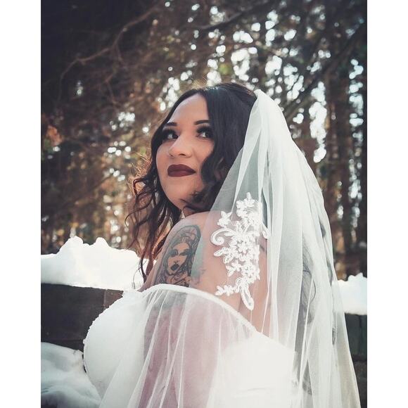 Molliwater Accessories - New 35 inch‎ White Bridal Veil Fingertip Wedding Mesh Lace Trim Floral Cathedral
